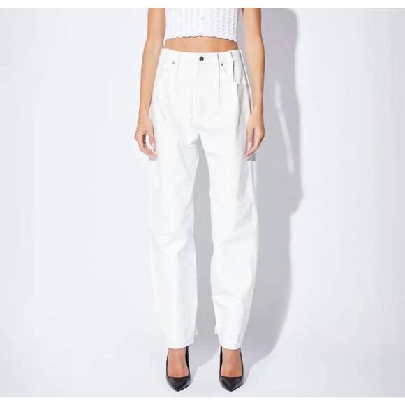 RTA Ele Lambskin Leather High Waist Pintuck Tapered Pants White Crinkle - Picture 1 of 16